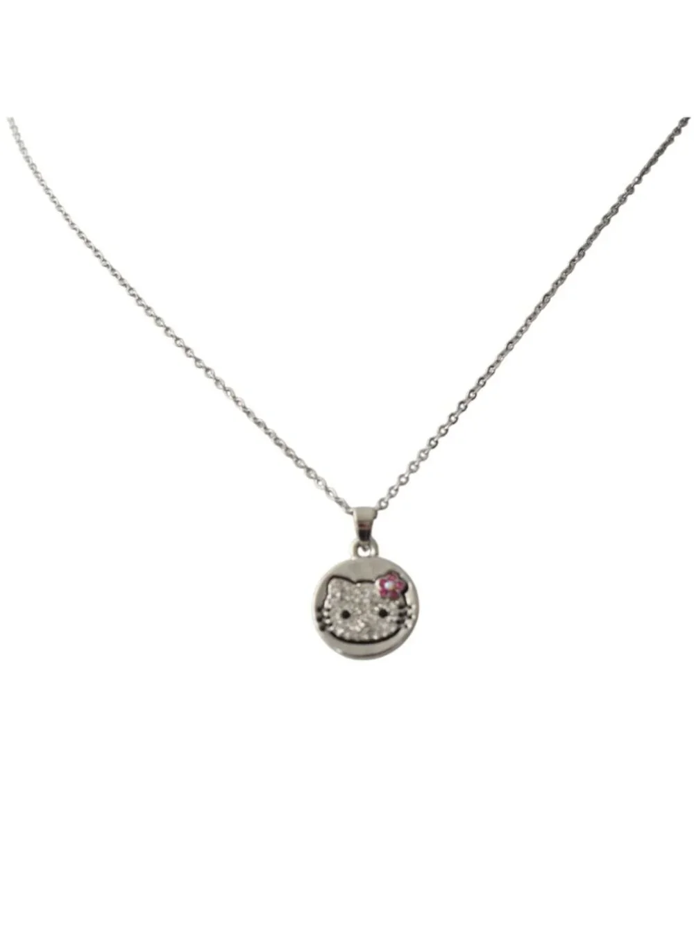Sanrio Hello Kitty Rhinestone Pendant Necklace Silver Chain Pink Flower Charm